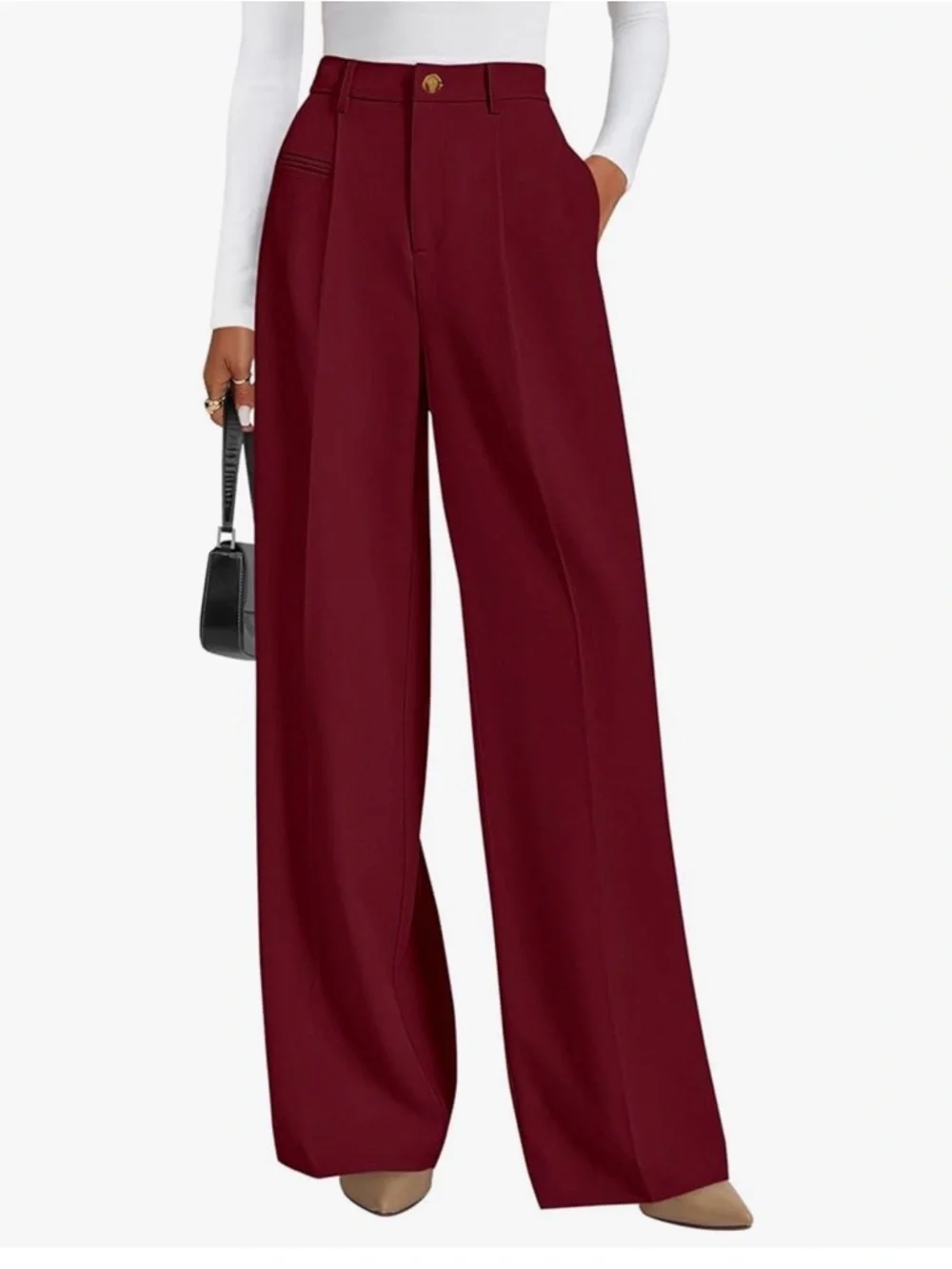 PRETTYGARDEN Wide Leg Dress Pants, High Waisted Slacks Trousers. Burgundy color - Picture 1 of 4